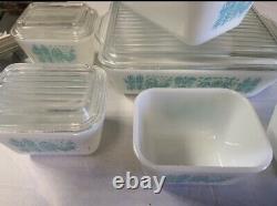 Pyrex Amish Butterprint Turquoise On White 13 pc Refrigerator Dish Set withLids