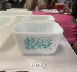 Pyrex Amish Butterprint Turquoise On White 13 pc Refrigerator Dish Set withLids