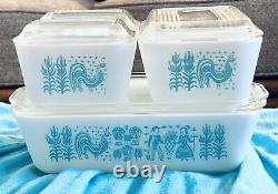 Pyrex Amish Butterprint Turquoise On White 8 pc Refrigerator Dish Set withLids VTG