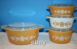 Pyrex BUTTERFLY GOLD Round Casseroles-Set of 4 With Pyrex Lids- 475-B & 473-471