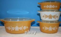 Pyrex BUTTERFLY GOLD Round Casseroles-Set of 4 With Pyrex Lids- 475-B & 473-471