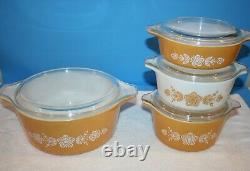 Pyrex BUTTERFLY GOLD Round Casseroles-Set of 4 With Pyrex Lids- 475-B & 473-471