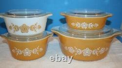 Pyrex BUTTERFLY GOLD Round Casseroles-Set of 4 With Pyrex Lids- 475-B & 473-471