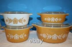 Pyrex BUTTERFLY GOLD Round Casseroles-Set of 4 With Pyrex Lids- 475-B & 473-471