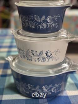 Pyrex Colonial Mist Casserole Set 473, 474, & 475 with Lids. 6pc
