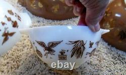 Pyrex Early American Brown White & Gold Set of 4 Graduated Cinderella Bowls MCM