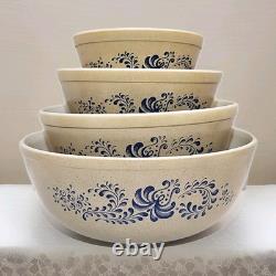 Pyrex Homestead Mixing Bowl Complete Set of 4 Tan & Blue Nesting 401 402 403 404