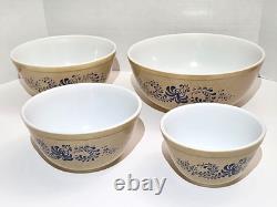 Pyrex Homestead Mixing Bowl Complete Set of 4 Tan & Blue Nesting 401 402 403 404