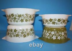 Pyrex SPRING BLOSSOM GREEN CRAZY DAISY Round Casseroles Set of 4 No Lids