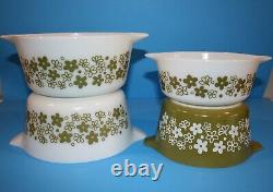 Pyrex SPRING BLOSSOM GREEN CRAZY DAISY Round Casseroles Set of 4 No Lids