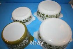 Pyrex SPRING BLOSSOM GREEN CRAZY DAISY Round Casseroles Set of 4 No Lids