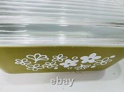 Pyrex Spring Blossom Crazy Daisy Green White Refrigerator Dish 8 Pc Set Vintage