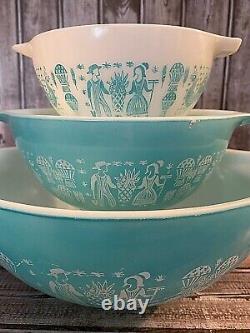 Pyrex Turquoise Amish Butterprint Cinderella Nesting Mixing Lot of 3 Set Bowls