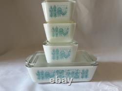 Pyrex Turquoise Amish Butterprint Lidded Refrigerator Dish Set of 4 (8-Pcs.)