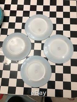 Pyrex Turquoise Border White Milk Glass Set(16) Plates, Cups Excellent Condition