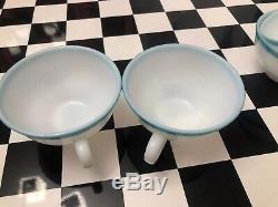 Pyrex Turquoise Border White Milk Glass Set(16) Plates, Cups Excellent Condition