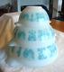 Pyrex Turquoise On White Butterprint Cinderella Mixing Bowl Set Of 3 Amish Rare