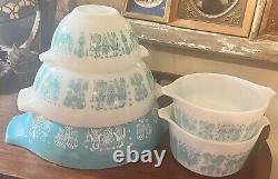 Pyrex Turquoise & White Amish Butterprint Cind. Nesting Bowls+2 casserole-5 total