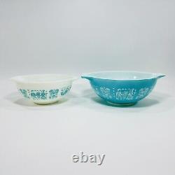 Pyrex Turquoise on White & Blue Amish Butterprint Cinderella Bowls 443 & 444