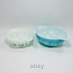 Pyrex Turquoise on White & Blue Amish Butterprint Cinderella Bowls 443 & 444