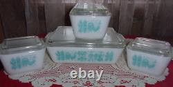 Pyrex turquoise Butterprint 501 502 503 refrigerator dishes w lids complete EUC