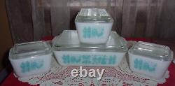 Pyrex turquoise Butterprint 501 502 503 refrigerator dishes w lids complete EUC