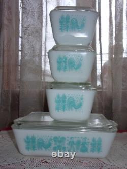 Pyrex turquoise Butterprint 501 502 503 refrigerator dishes w lids complete EUC