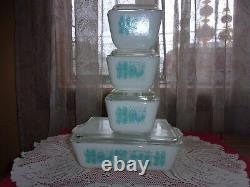 Pyrex turquoise Butterprint 501 502 503 refrigerator dishes w lids complete EUC