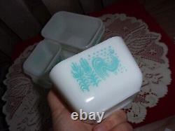 Pyrex turquoise Butterprint 501 502 503 refrigerator dishes w lids complete EUC