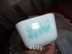 Pyrex turquoise Butterprint 501 502 503 refrigerator dishes w lids complete EUC