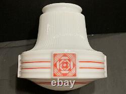 RARE ART DECO Antique RED DESIGN SCHOOL HOUSE Milk Glass Light Shade Fixture