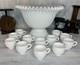 Rare Fenton Hobnail Milk Glass Pedestal Punch Bowl 12 Cups Original Glass Ladle