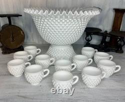 RARE Fenton Hobnail Milk Glass Pedestal Punch Bowl 12 Cups original Glass Ladle