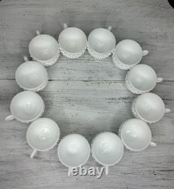 RARE Fenton Hobnail Milk Glass Pedestal Punch Bowl 12 Cups original Glass Ladle