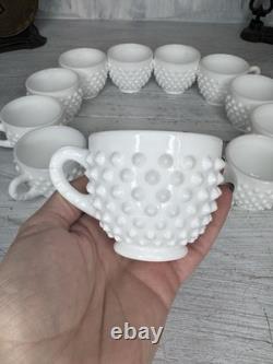 RARE Fenton Hobnail Milk Glass Pedestal Punch Bowl 12 Cups original Glass Ladle
