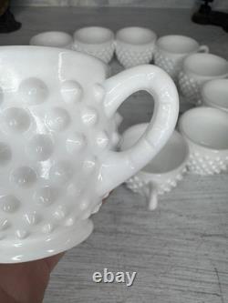 RARE Fenton Hobnail Milk Glass Pedestal Punch Bowl 12 Cups original Glass Ladle