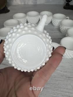 RARE Fenton Hobnail Milk Glass Pedestal Punch Bowl 12 Cups original Glass Ladle