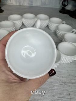RARE Fenton Hobnail Milk Glass Pedestal Punch Bowl 12 Cups original Glass Ladle