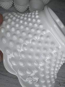 RARE Fenton Hobnail Milk Glass Pedestal Punch Bowl 12 Cups original Glass Ladle