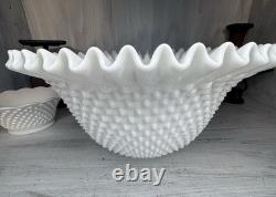 RARE Fenton Hobnail Milk Glass Pedestal Punch Bowl 12 Cups original Glass Ladle