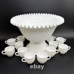 RARE Fenton Hobnail Milk Glass Pedestal Punch Bowl with12 Cups #3722 Very Big
