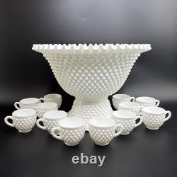 RARE Fenton Hobnail Milk Glass Pedestal Punch Bowl with12 Cups #3722 Very Big