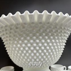 RARE Fenton Hobnail Milk Glass Pedestal Punch Bowl with12 Cups #3722 Very Big