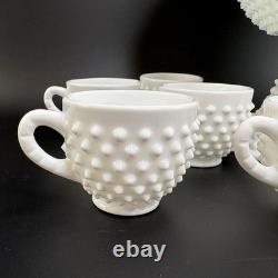 RARE Fenton Hobnail Milk Glass Pedestal Punch Bowl with12 Cups #3722 Very Big