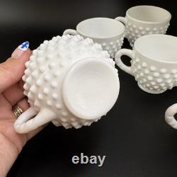 RARE Fenton Hobnail Milk Glass Pedestal Punch Bowl with12 Cups #3722 Very Big