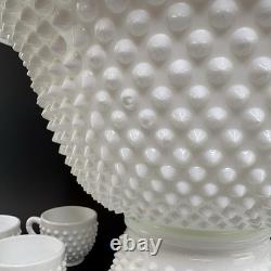 RARE Fenton Hobnail Milk Glass Pedestal Punch Bowl with12 Cups #3722 Very Big