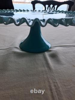 RARE! Fenton Turquoise Silvercrest Milk Glass Cake Stand Plate Aqua Blue Vintage