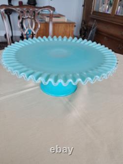 RARE! Fenton Turquoise Silvercrest Milk Glass Cake Stand Plate Aqua Blue Vintage