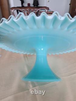 RARE! Fenton Turquoise Silvercrest Milk Glass Cake Stand Plate Aqua Blue Vintage