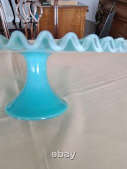 RARE! Fenton Turquoise Silvercrest Milk Glass Cake Stand Plate Aqua Blue Vintage